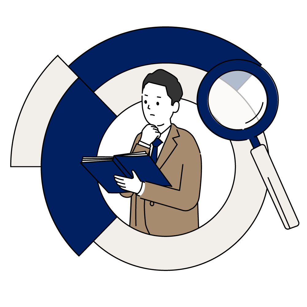 虫めがねで決算書を見る人物のイラスト
